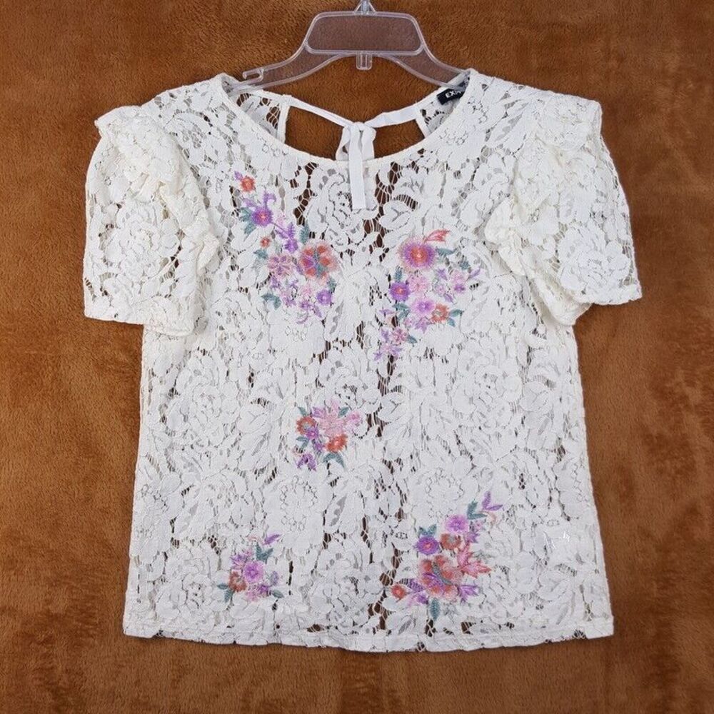 EXPRESS Womens Top Small White Floral Pullover Crochet Tie Back Ruffle Lace